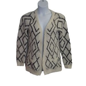 ZARA white diamond pattern eyelash open front cardigan with pockets M‎